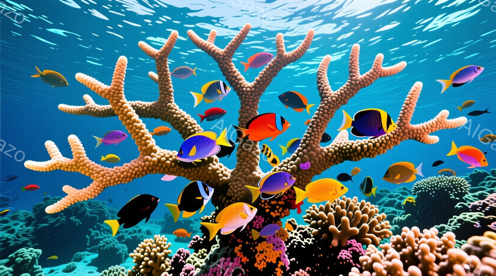 色とりどりの熱帯魚が、サンゴ礁の周りを活発に泳いでいる様子が描かれています。背景は青い海で、太陽光が差し込み、水面がきらめいています。サンゴ礁は様々な形と色をしており、海底に豊かな生態系が存在すること - AI生成フリー素材
