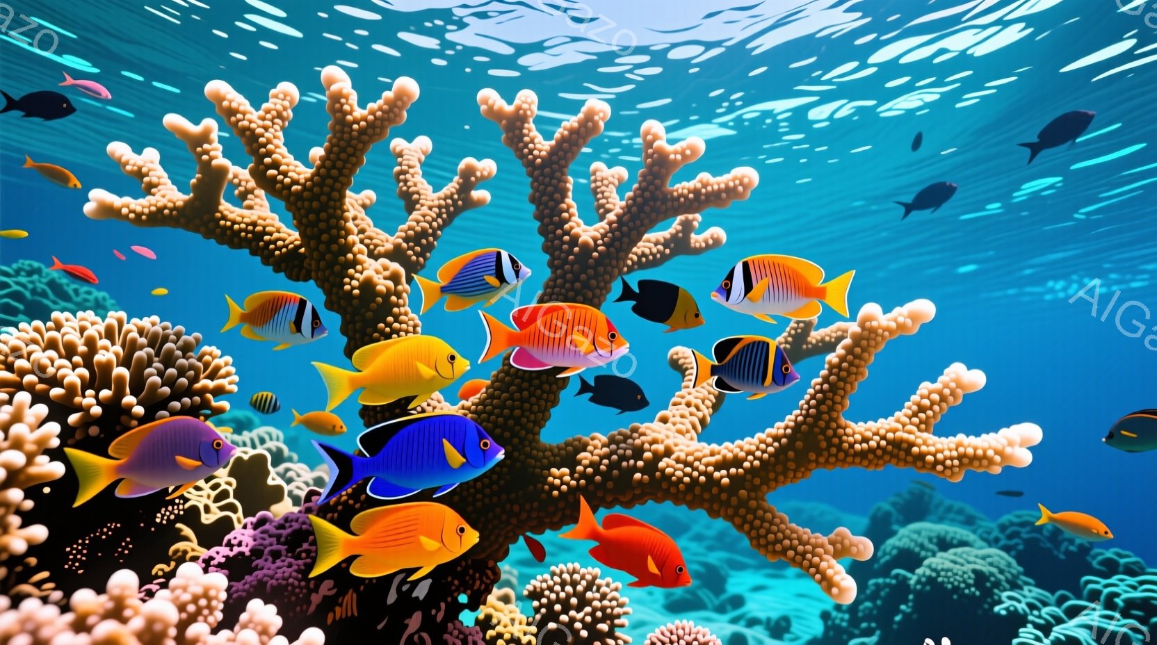 色鮮やかな熱帯魚が、サンゴ礁の周りを群れをなして泳いでいる様子が描かれている。サンゴは茶色やオレンジ色で、複雑な枝分かれをしており、水中に光が差し込み、水面には光の筋が見える。全体的に、鮮やかで生命力 - AI生成フリー素材