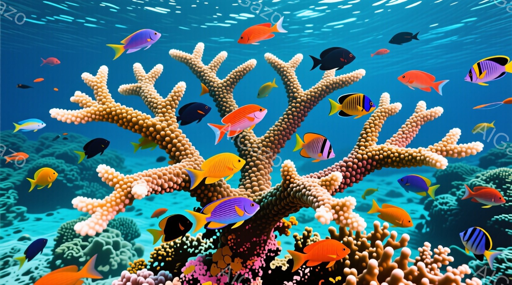 鮮やかなサンゴ礁の中で泳ぐ様々な熱帯魚を描いています。オレンジ、黄色、青、黒など、色とりどりの魚たちがサンゴの周りを動き回り、水中の生き生きとした雰囲気を醸し出しています。背景は明るい青色で、光が差し - AI生成フリー素材