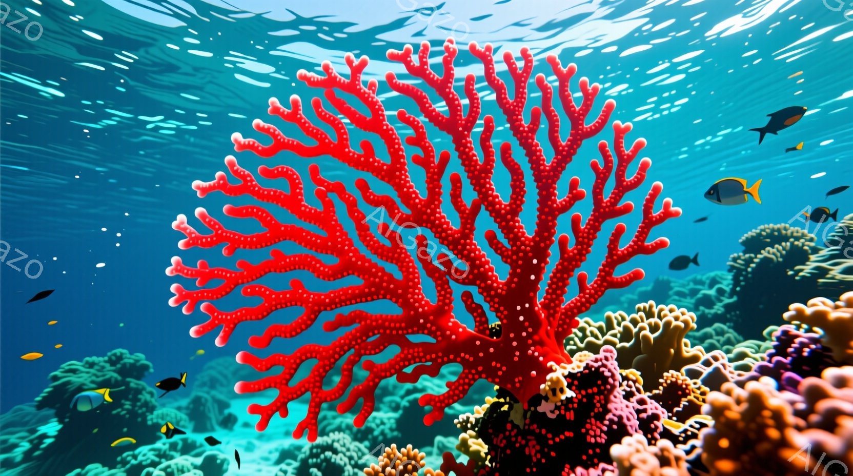 海洋生物を表す、美しく構成された水中の景色を示しています。巨大な赤珊瑚が中心にあり、その周りには多くの小魚が泳ぎ回っており、背景には深海の漂う水を感じさせる広大な景色が展開されます。 人物や建物などの - AI生成フリー素材