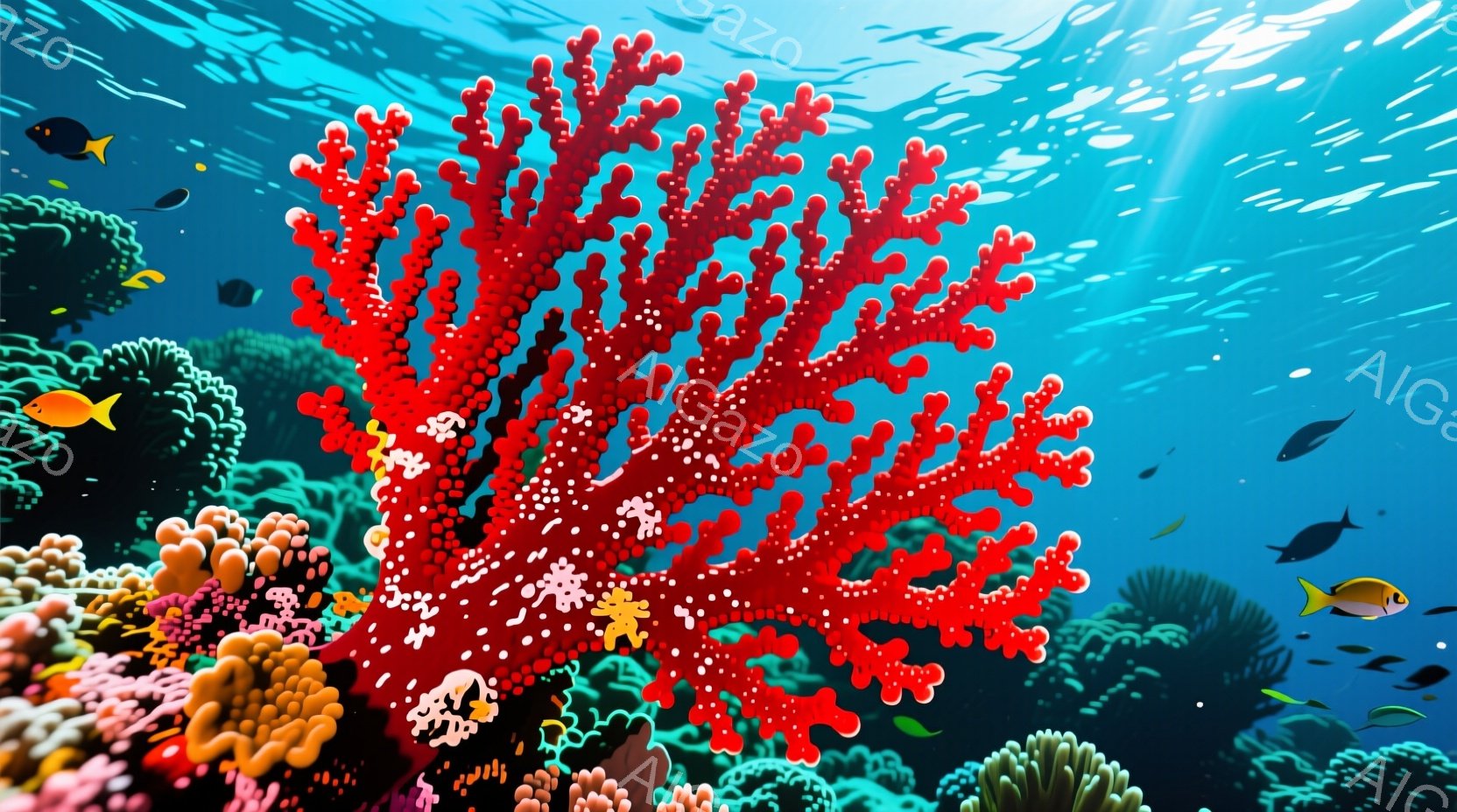 鮮やかな珊瑚礁が広がり、赤色のサンゴが最も目立っています。さまざまな大きさのサンゴが密集し、小さな熱帯魚が周囲を泳ぎ、穏やかでカラフルな海中世界を表現しています。光線が水面から差し込み、幻想的な雰囲気を醸し出しています。