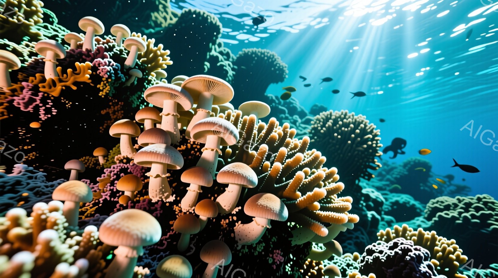 鮮やかな珊瑚礁が広がる水中世界で、様々な形状の珊瑚が密集している。光線が水面から差し込み、珊瑚と魚たちを照らし出し、幻想的な雰囲気を醸し出している。オレンジ、ピンク、茶色など、カラフルな珊瑚が織りなす - AI生成フリー素材