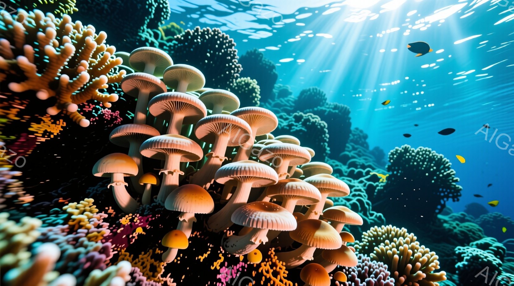 鮮やかな青色の海中には、巨大なキノコのようなサンゴ礁が密集して生い茂っている。光線が水面から差し込み、サンゴ礁を照らし出し、カラフルなサンゴや小さな魚たちがその間を泳いでいる。全体的に神秘的で幻想的な雰囲気であり、深海の世界の美しさを表現している。
