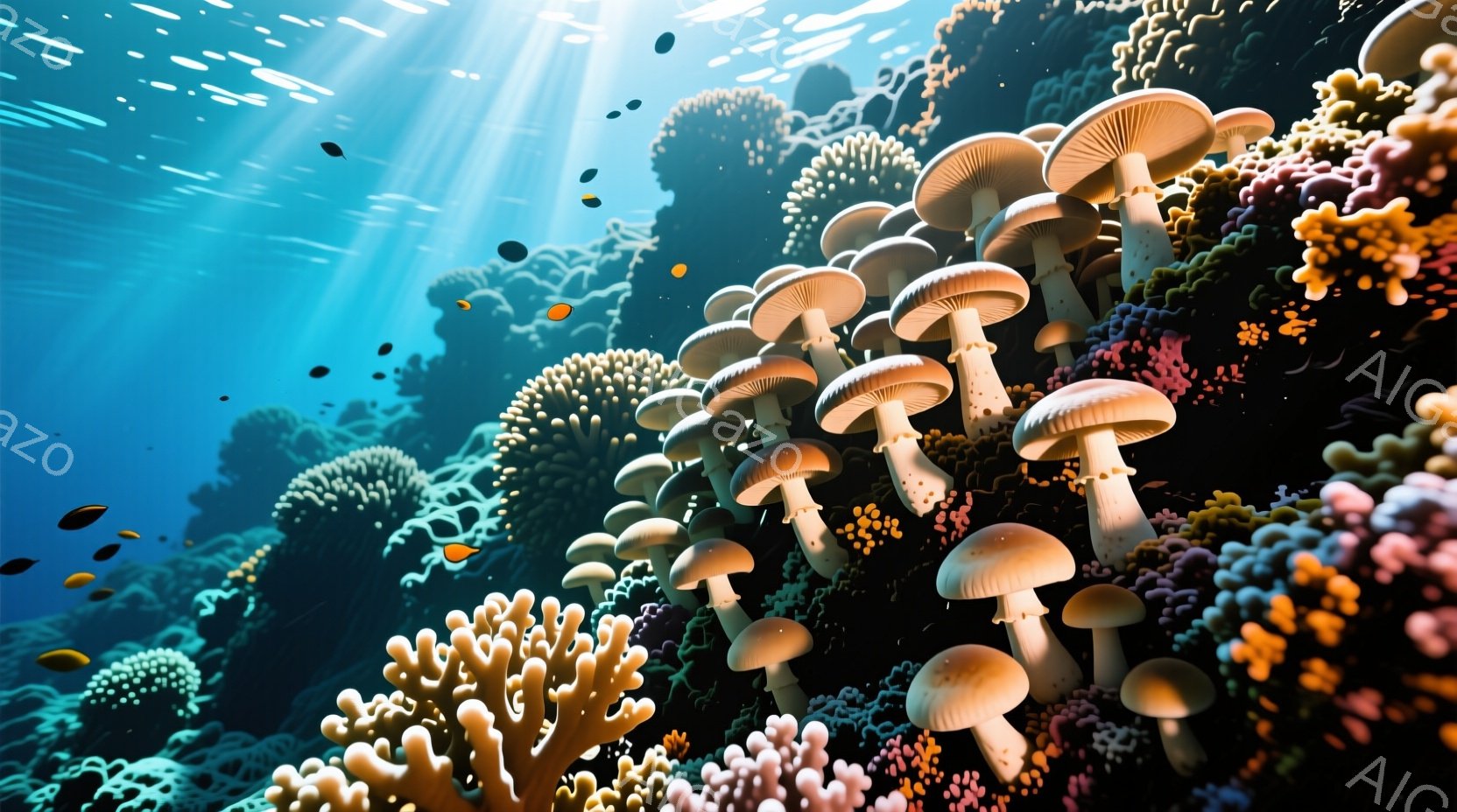 深い青色の海中に、多様な珊瑚礁とキノコ状の海中生物が密集している様子が描かれている。光線が水面から差し込み、珊瑚とキノコを照らし出し、幻想的な雰囲気を醸し出している。小さな魚たちが点在し、生命力に満ちた、静かで神秘的な海底世界を表現している。