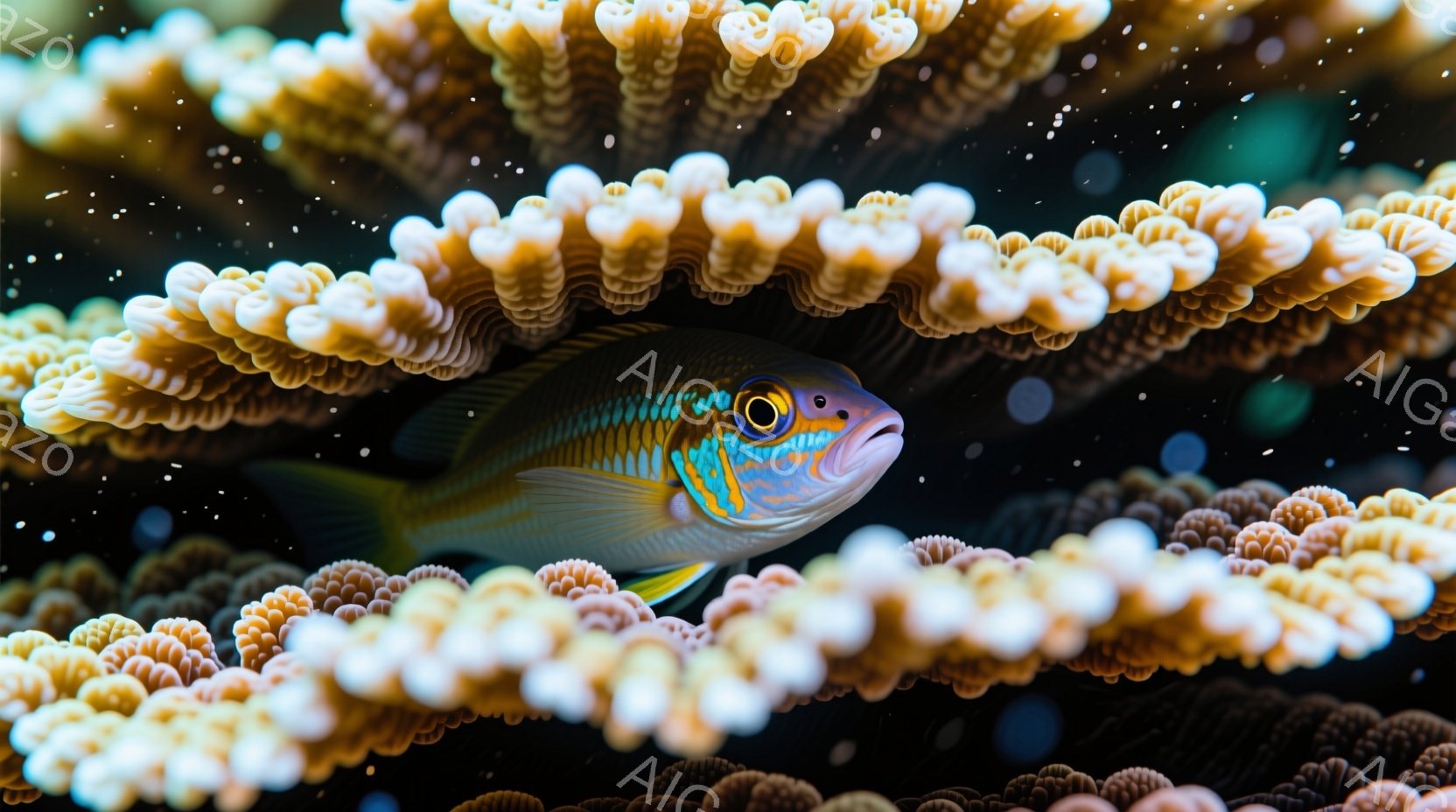 鮮やかなオレンジと青色の縞模様を持つ小さな魚が、珊瑚の間に顔を出しています。その魚は片方の目をこちらに向けており、好奇心旺盛な表情を見せています。暗い背景に珊瑚の明るい色が際立ち、神秘的で美しい水中世界を表現しています。