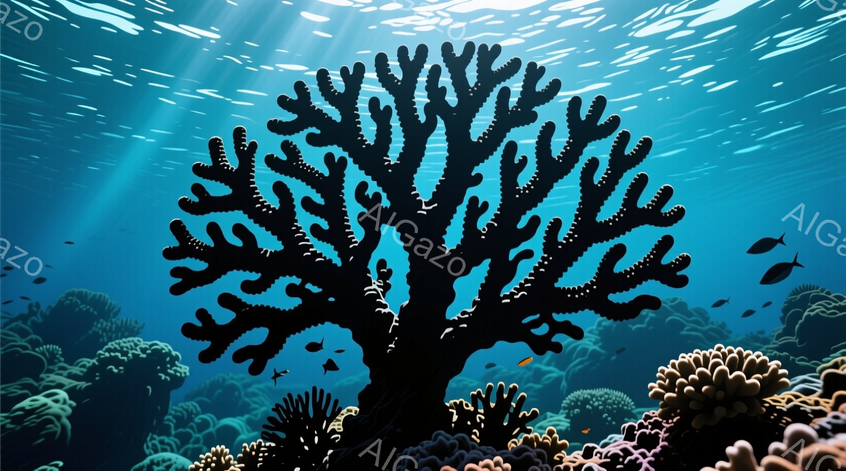 海底の風景が描かれており、黒い樹枝状の珊瑚が中央に大きくそびえ立っています。周囲には様々な色彩の珊瑚礁が密集し、小さな魚たちが泳いでいる様子が描かれています。光が水面から差し込み、幻想的で穏やかな雰囲気を作り出しています。