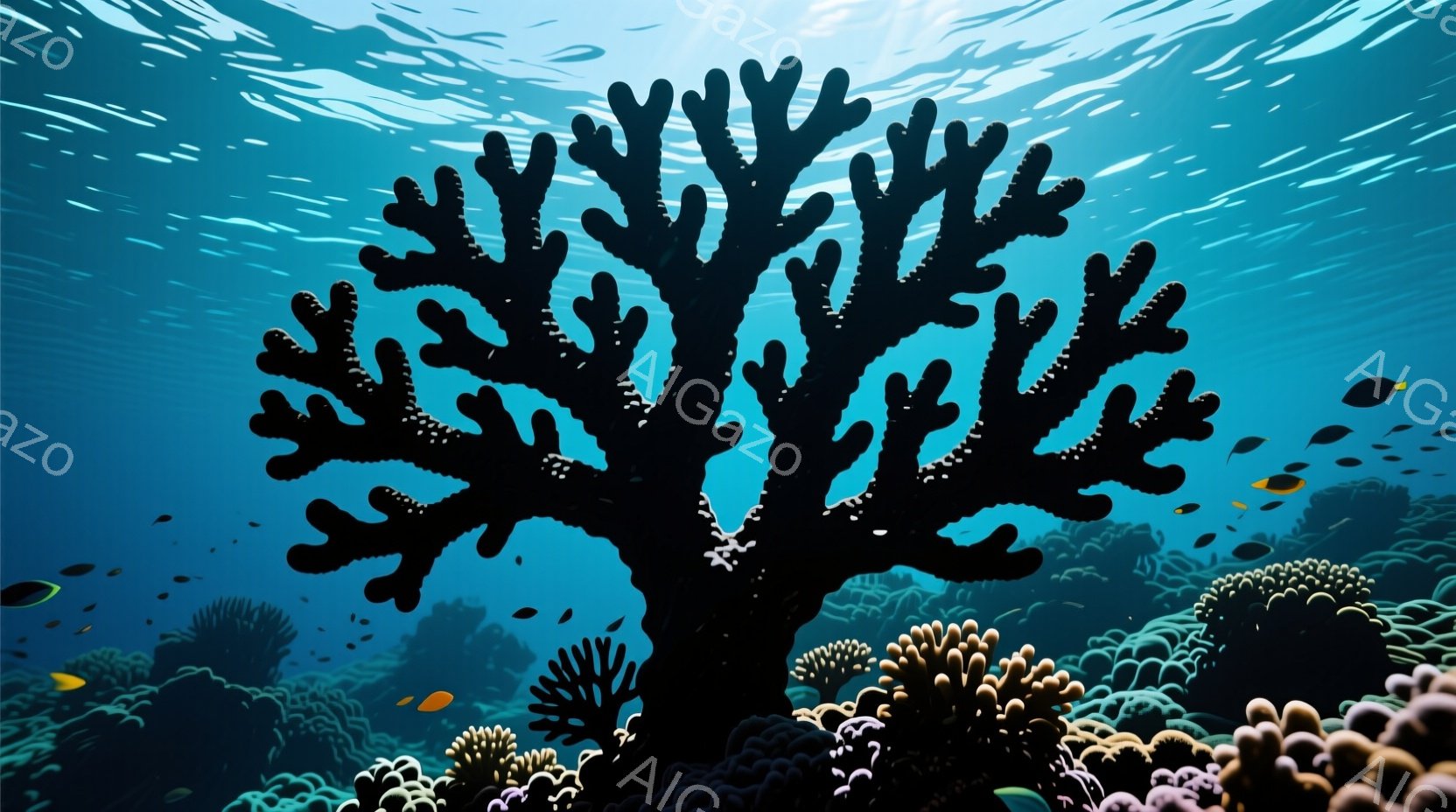 深い青色の海中に、黒い珊瑚が大きくそびえ立っています。海底には様々な色の珊瑚が密集しており、小さな魚たちが珊瑚の間を泳いでいます。光が水面を通して差し込み、幻想的な雰囲気を醸し出しています。