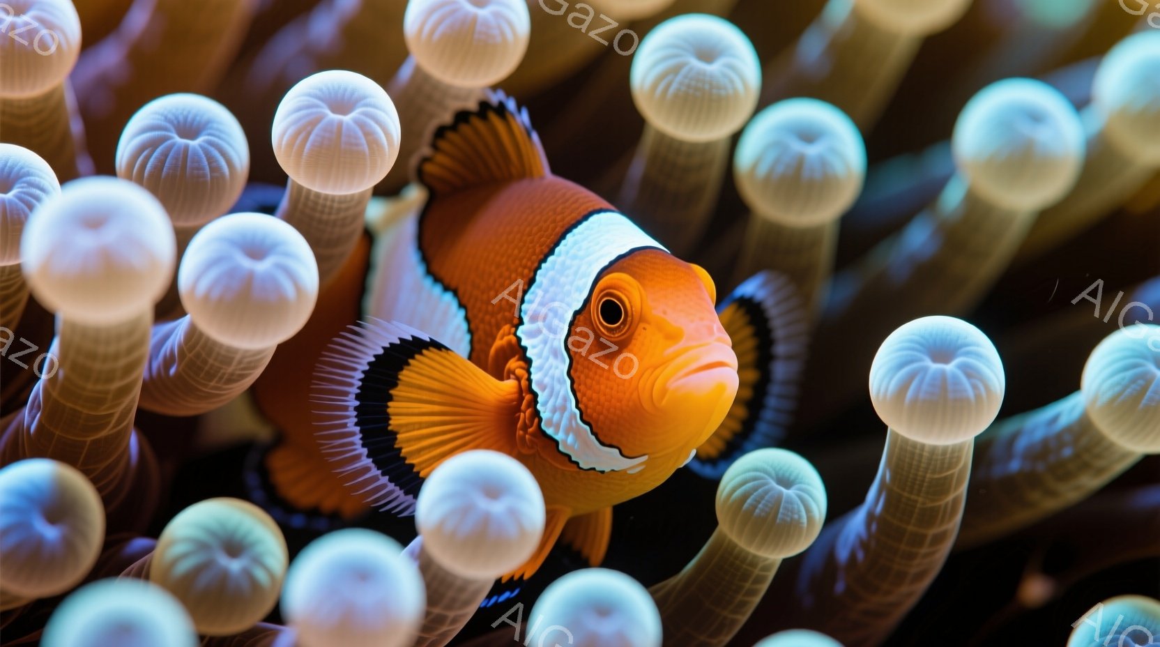 鮮やかなオレンジ色と白の縞模様を持つクマノミが、半透明の触手を持つ生物の間に身を隠しています。その表情はわずかに警戒しているように見え、丸い黒い瞳がこちらを見つめています。背景は水中で、生物の触手が画面全体を覆い、幻想的な雰囲気を作り出しています。