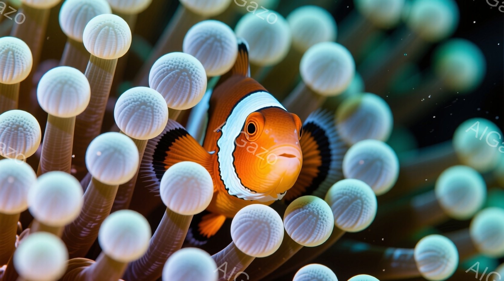 鮮やかなオレンジと白の縞模様を持つクマノミが、白く柔らかい触手を持つイソギンチャクの中に隠れている様子が捉えられています。クマノミは前方をじっと見つめており、警戒しながらも好奇心旺盛な表情をしています。背景は暗く、クマノミとイソギンチャクが際立っており、神秘的で穏やかな雰囲気を醸し出しています。