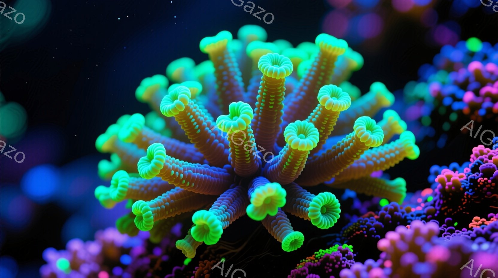 鮮やかな緑色のサンゴが、暗い背景の中に浮かび上がっています。サンゴは多数の小さな突起で構成され、まるで小さな指のような形状をしています。背景には、紫色のサンゴのぼやけた影が見え、水中の幻想的な雰囲気を - AI生成フリー素材