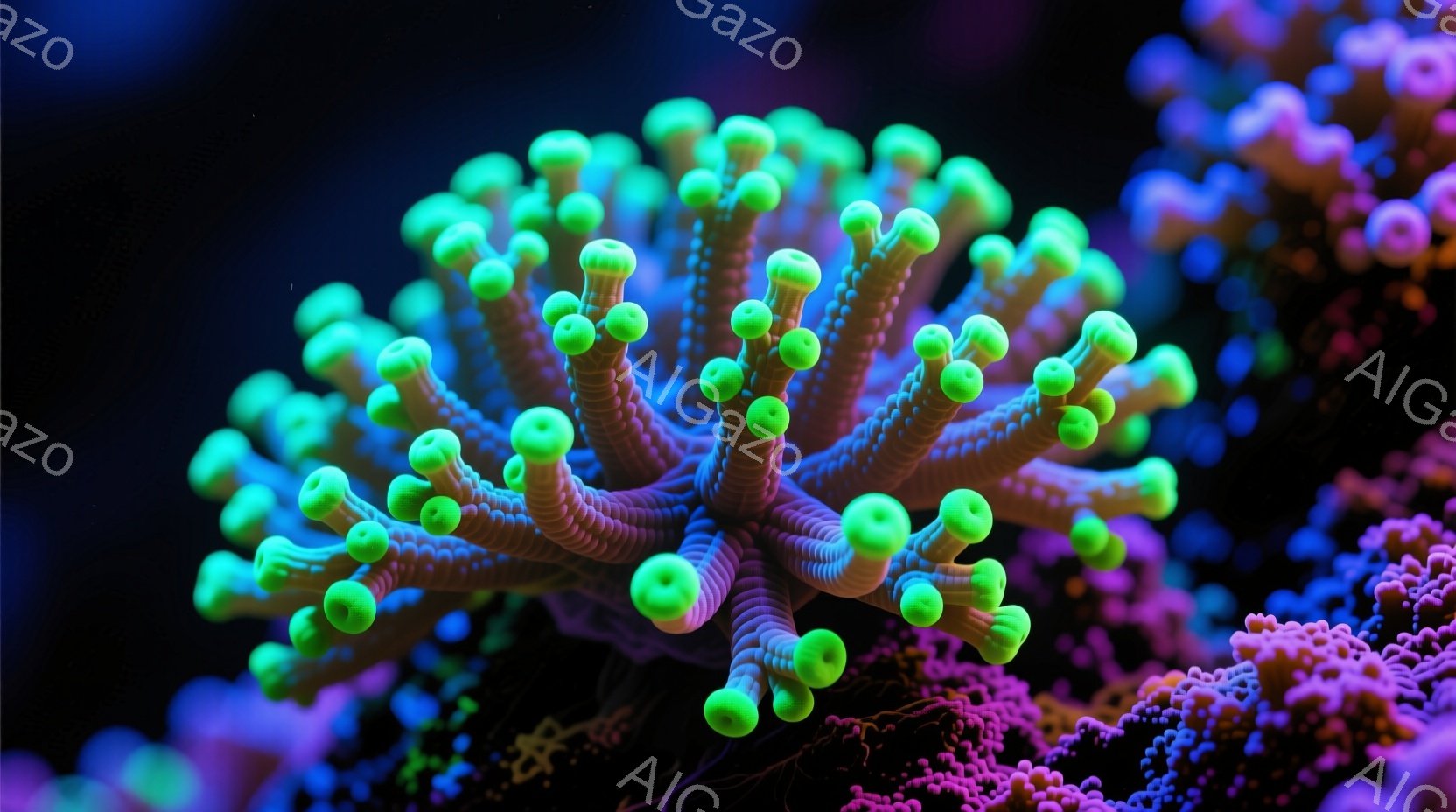 鮮やかな緑色の触手を持つ海中生物のクローズアップです。触手は細かく分岐し、それぞれの先端が丸みを帯びています。周囲には紫色の海中生物が見え、暗い背景がコントラストを際立たせており、神秘的な雰囲気を醸し出しています。