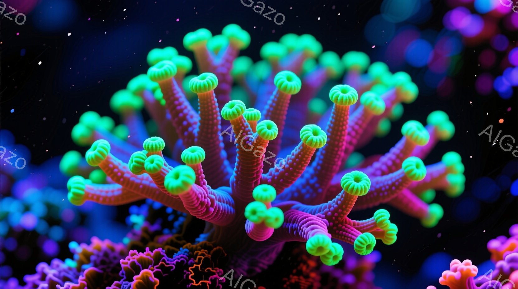 鮮やかなピンクと緑の珊瑚礁を捉えています。多数の触手のような突起が密集し、まるで生き物のような有機的な形状をしています。背景は暗く、星のような光点が散りばめられており、深海や宇宙空間を想起させる幻想的 - AI生成フリー素材