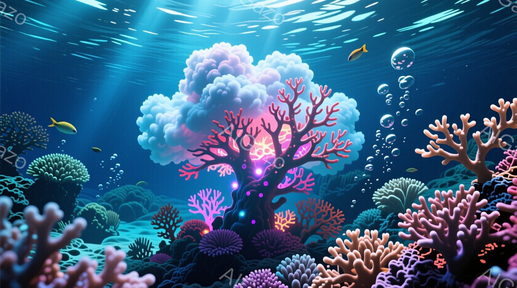 鮮やかなピンクと白の珊瑚礁が広がり、光が差し込む海底の風景が描かれている。様々な形の珊瑚が密集し、小さな魚が数匹泳いでいる様子が生き生きと表現されている。全体的に幻想的で、穏やかで静かな深海の雰囲気が - AI生成フリー素材