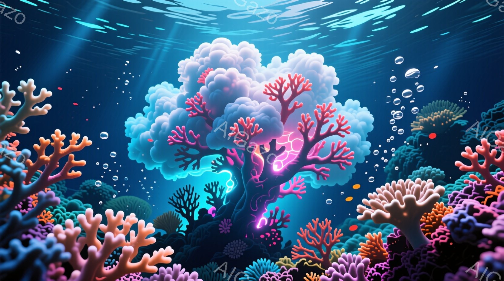 海底を思わせる深い青色の背景に、鮮やかなピンクやオレンジ色の珊瑚が咲き乱れている様子が描かれています。中央には、光を放つ奇妙な木のような存在があり、まるで深海の生命体のように神秘的な雰囲気を醸し出して - AI生成フリー素材