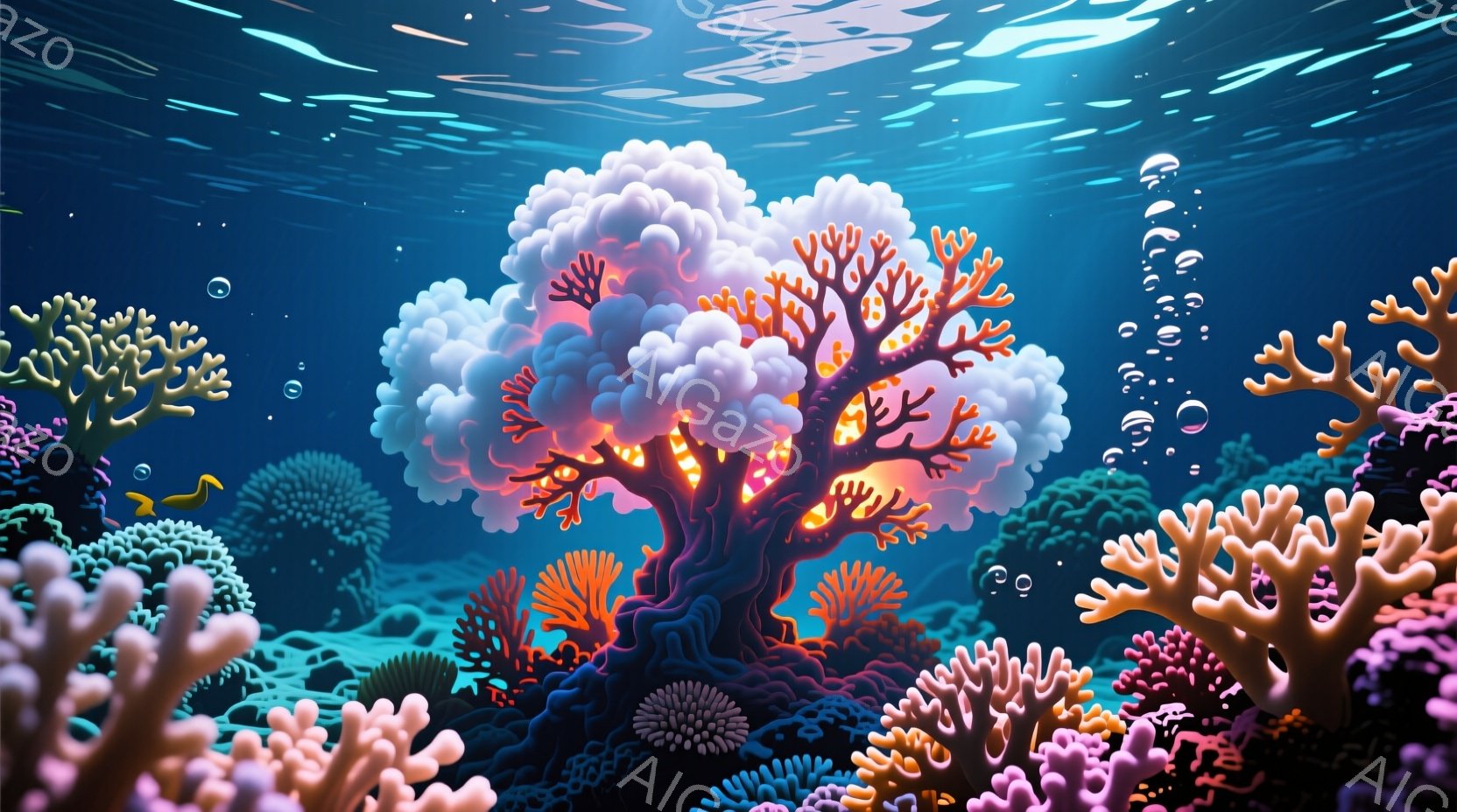 海洋の生態系を表現するアートワークであり、幻想的な美しさが特徴です。水中の環境には豊かな色彩と多様性が描かれており、中央には火山型の樹木があります。そのような独特の外観は、「チャージマン」というキャラクターのイメージを引き立てるように見えます。