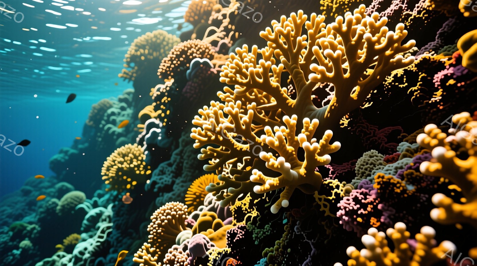 鮮やかな珊瑚礁が水中に広がり、様々な形状と色の珊瑚が密集している様子が描かれている。黄色やピンク、紫色の珊瑚が特に目立ち、小さな魚たちが珊瑚の間を泳ぎ回っている。水面からは光が差し込み、水中の世界を明るく照らし出している。