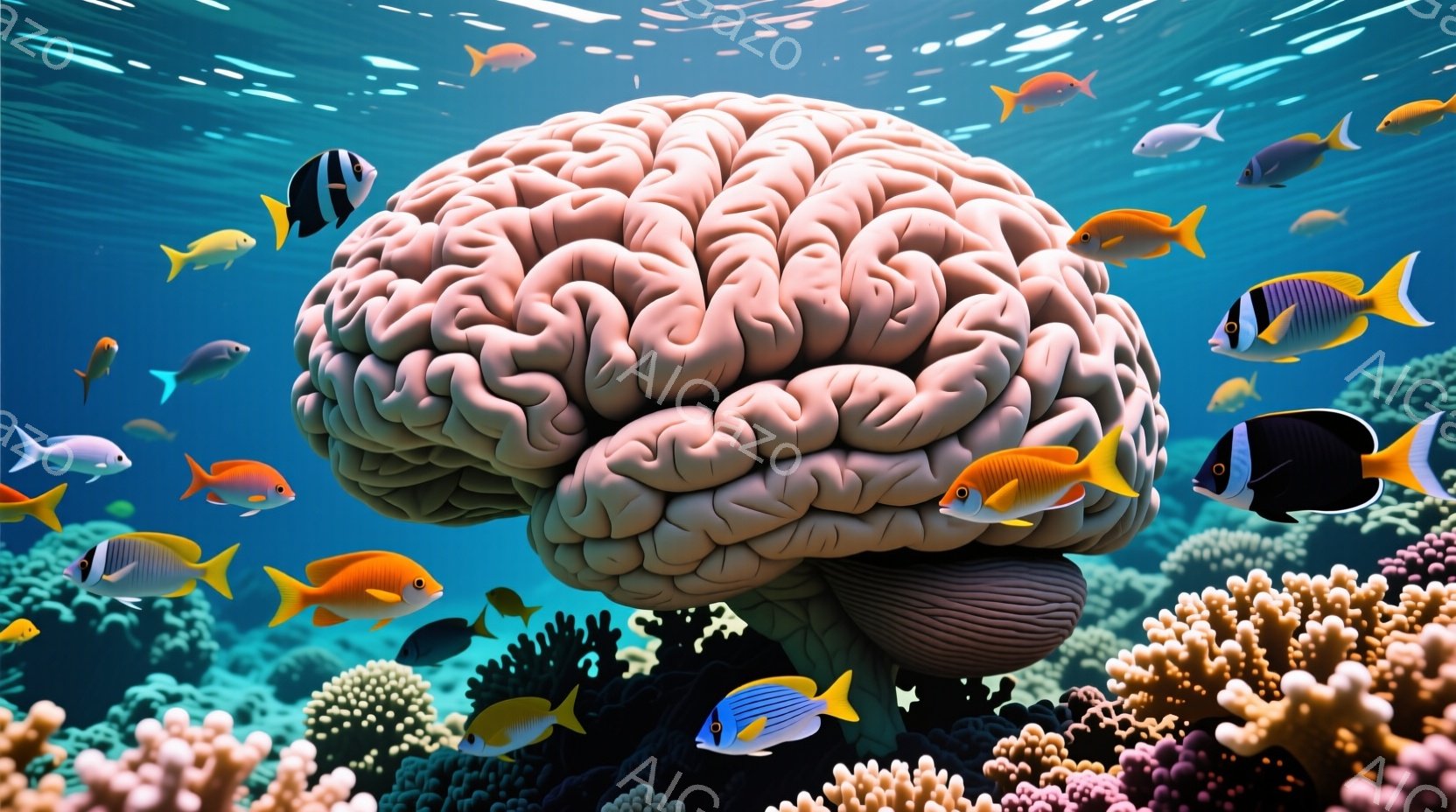 海中に巨大な脳が浮かんでおり、鮮やかな熱帯魚たちがその周りを泳いでいる様子が描かれている。脳の表面は複雑なひだで覆われ、周囲にはピンクやオレンジ色のサンゴ礁が広がっている。青く透明な水の中で、脳と魚、サンゴ礁が調和し、幻想的で生命力溢れる雰囲気を醸し出している。