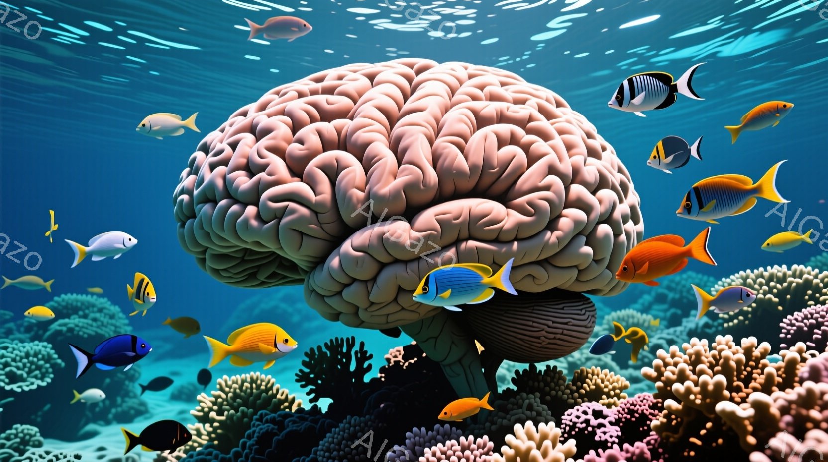 深い青色の海中に、巨大な脳の形をした構造物が存在し、周りには様々な色鮮やかな熱帯魚が泳いでいる。鮮やかなピンクやオレンジ色のサンゴ礁が海中に広がり、脳の構造物を支え、生き生きとした水中世界を形成している。光が水面から差し込み、キラキラと輝き、幻想的な雰囲気を醸し出している。