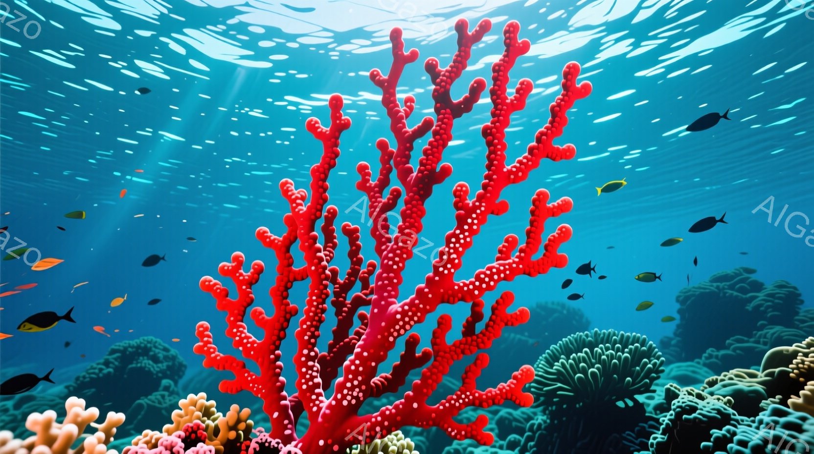鮮やかな赤いサンゴが画面の中心に大きく広がっており、様々な色のサンゴや海藻が周囲に密集している様子が描かれている。背景は明るいブルーで、太陽光が水面から差し込み、水中の粒子がキラキラと輝いている。小さな熱帯魚が多数泳ぎ回っており、穏やかで生命力に満ちた海中世界の雰囲気が感じられる。