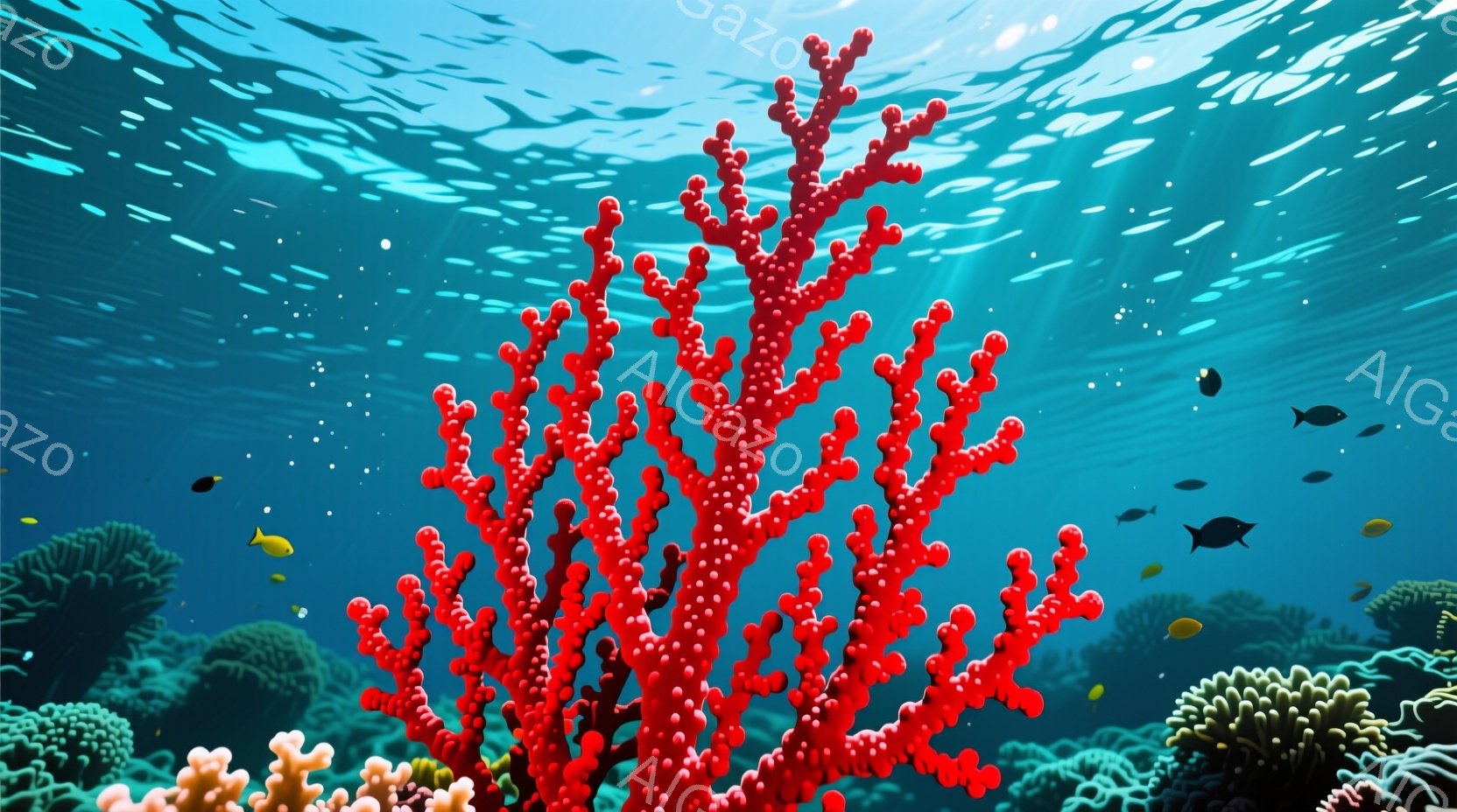 鮮やかな赤いサンゴが画面の中心に大きく伸び、周囲には小さな魚たちが群れています。背景には様々な色のサンゴ礁が広がり、太陽光が水面から差し込み、幻想的な水中世界を描写しています。全体的に穏やかで美しい雰 - AI生成フリー素材