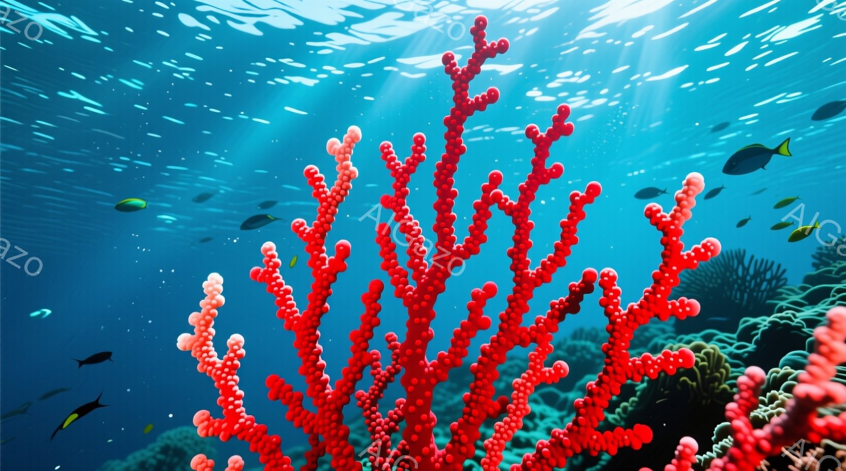 鮮やかな青色の海中には、赤いサンゴが密集して生い茂り、その周りを小さな魚たちが泳いでいる。太陽光が水面から差し込み、サンゴや魚たちを照らし出し、幻想的な雰囲気を醸し出している。背景には、他のサンゴ礁や - AI生成フリー素材