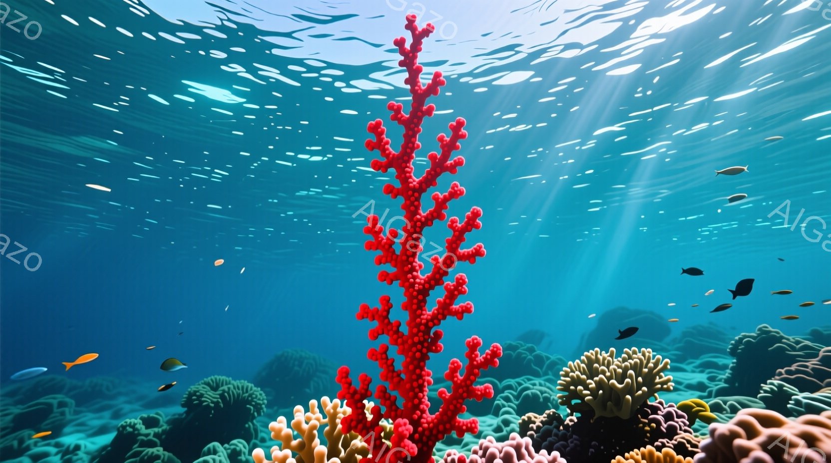 青い海中には、赤く鮮やかなサンゴが大きくそびえ立ち、周囲には様々な色合いのサンゴ礁が広がっています。水面からは光が差し込み、水中の粒子がキラキラと輝き、魚たちがゆったりと泳いでいます。全体的に穏やかで - AI生成フリー素材