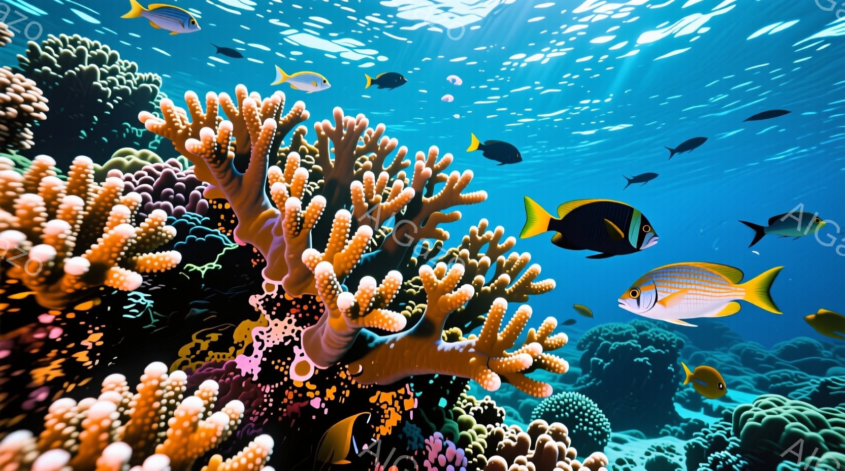 鮮やかな珊瑚礁が広がり、様々な熱帯魚が泳いでいる様子が描かれている。光が水面から差し込み、水中の世界を照らし出し、生き生きとした色彩と躍動感を生み出している。背景には、さらに多くの珊瑚と魚が見え、まるで海中の楽園のような雰囲気が漂っている。