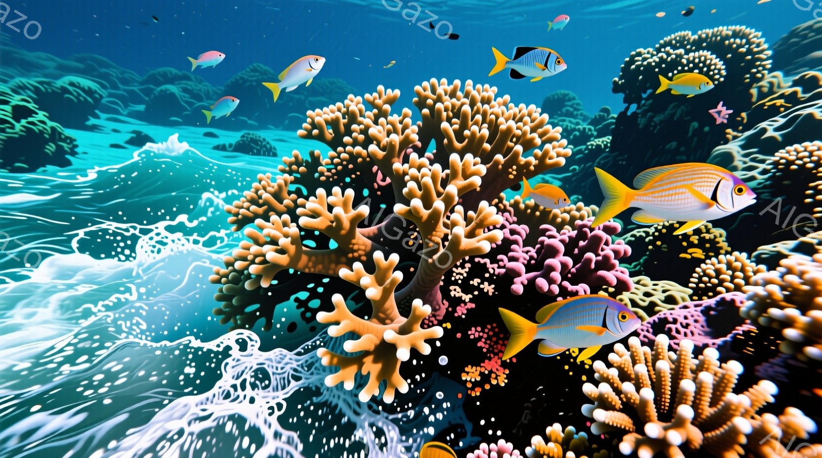 美しい珊瑚礁が広がり、オレンジ色とピンク色の珊瑚が複雑な形を作り出している。鮮やかな青、黄色、オレンジ色の魚たちが珊瑚の間を泳ぎ、水中の生命の多様性を表現している。背景は淡い青色で、穏やかな海中世界を思わせ、全体的に明るく活気のある雰囲気である。
