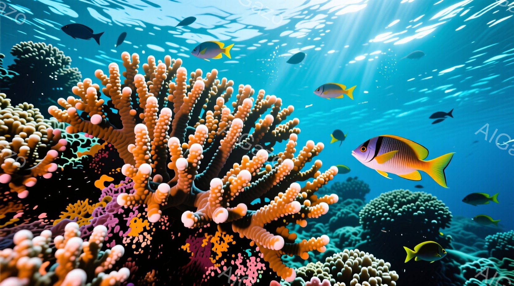 鮮やかな珊瑚礁が広がり、オレンジ、ピンク、紫色の多様な色彩が目に飛び込んできます。魚たちは珊瑚の間を泳ぎ回り、特に黄色い魚が複数確認できます。太陽光が水中に差し込み、幻想的な雰囲気を醸し出しています。 - AI生成フリー素材