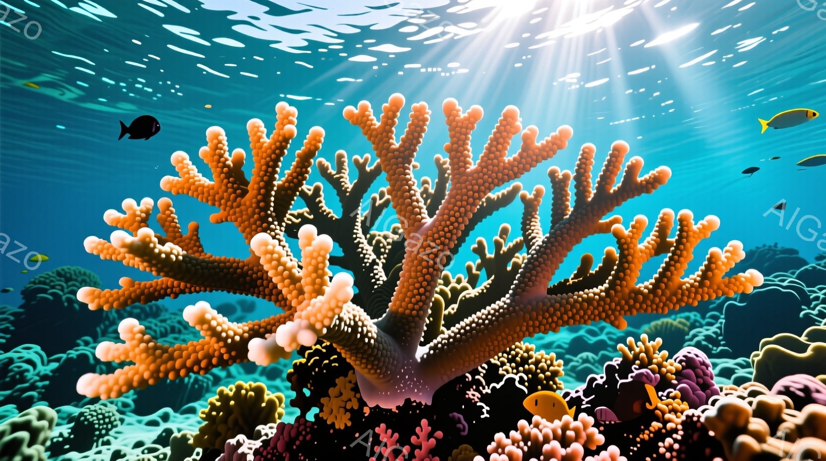 鮮やかなオレンジ色の珊瑚が画面の中心に大きく広がっており、その周りにはピンクや紫色の珊瑚が密集している。水面からは太陽の光が差し込み、水中の粒子がキラキラと輝き、透明度の高い海中を照らしている。数匹の熱帯魚が珊瑚の間を泳ぎ、穏やかで幻想的な雰囲気を醸し出している。