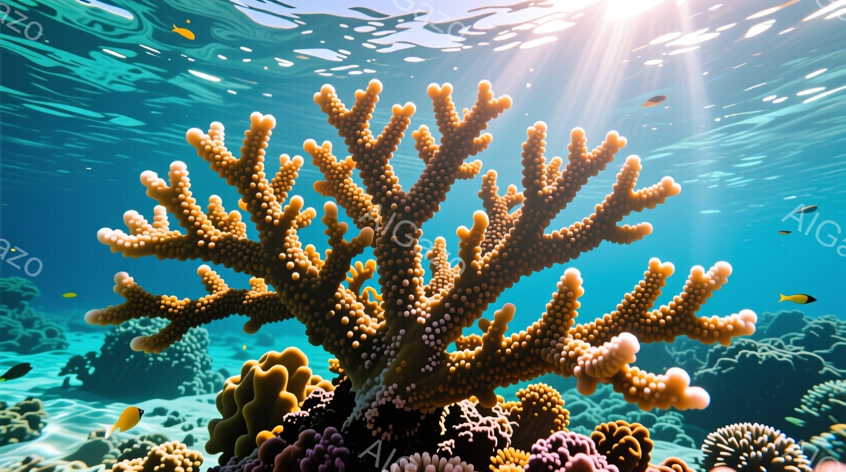 鮮やかな珊瑚礁が海中に広がり、オレンジ色やピンク色の多様な珊瑚が密集して生息している様子が描かれている。水面からは太陽光が差し込み、水中の粒子が輝き、穏やかで幻想的な雰囲気を醸し出している。小さな熱帯魚が珊瑚の間を泳ぎ回り、海中世界の活気を添えている。