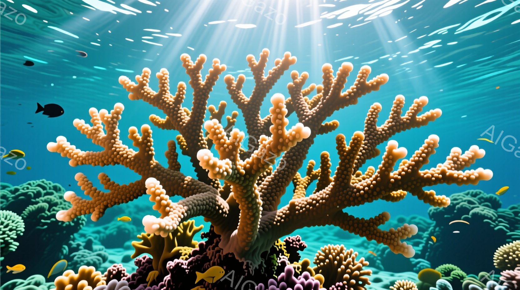 海中には、鮮やかなオレンジ色のサンゴが大きく広がっており、多様な魚たちがその周りを泳いでいる。背景には、紫や緑のサンゴ礁が広がり、太陽光が水面から差し込み、海中を明るく照らしている。全体として、静かで穏やかな雰囲気で、生命力あふれる美しい海の光景が表現されている。