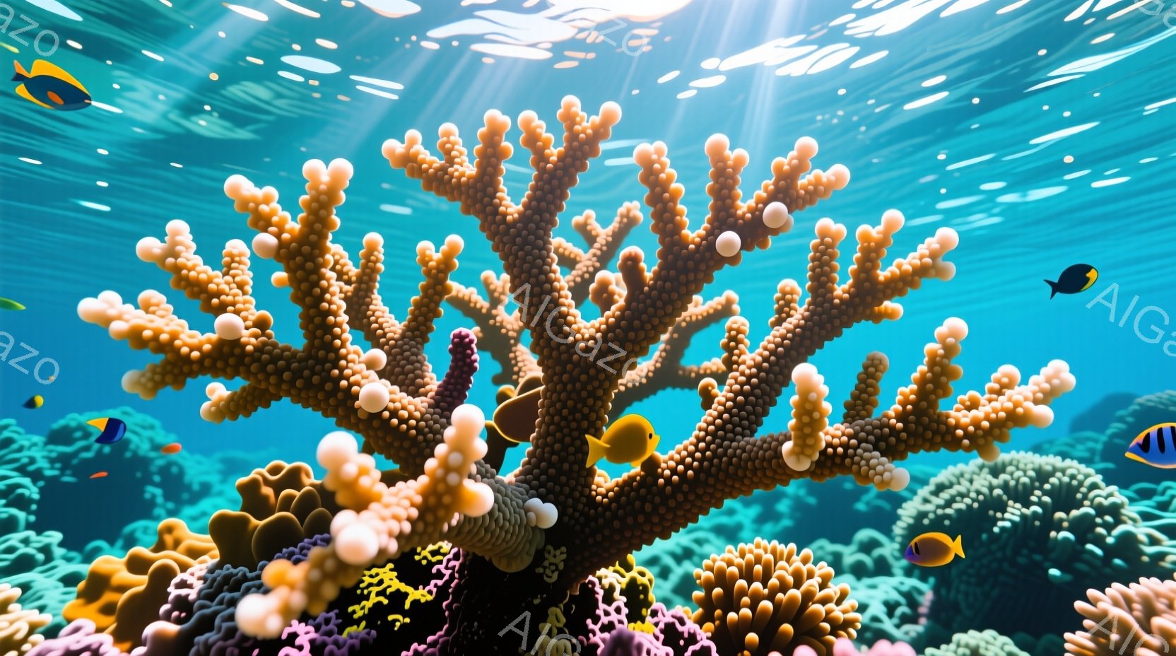 鮮やかな青色の海中に、オレンジ色や紫色のサンゴ礁が広がっています。太陽光が水面から差し込み、海中を明るく照らし、小さな熱帯魚がサンゴの間を泳いでいます。全体的に穏やかで美しい、熱帯の海中の雰囲気です。 - AI生成フリー素材