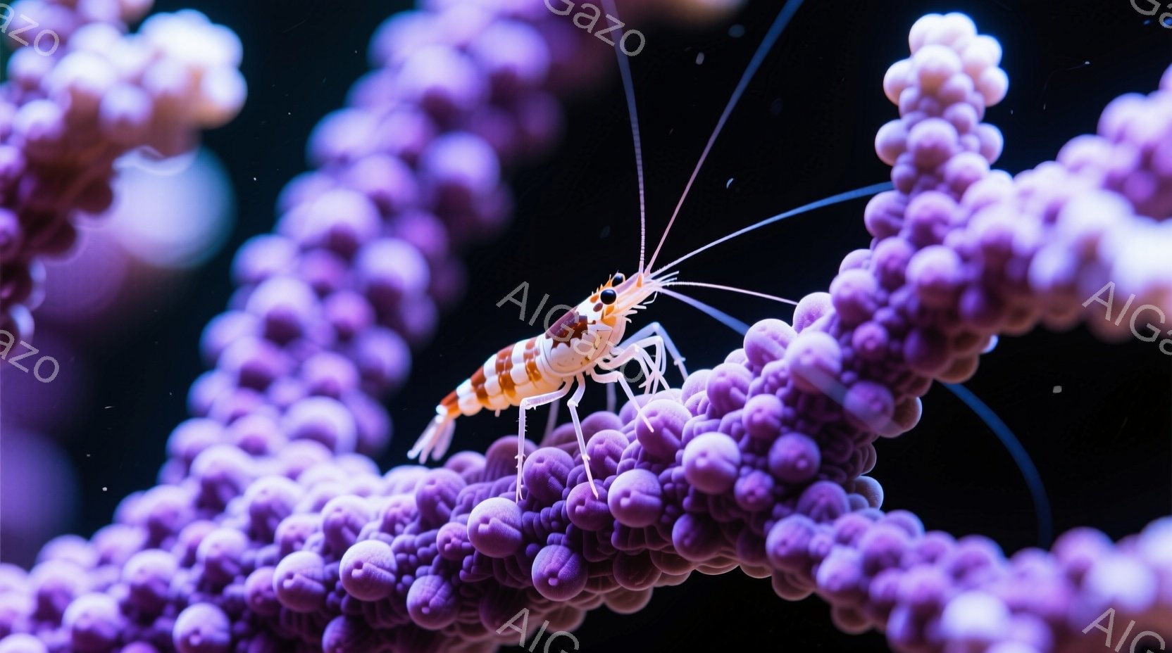 鮮やかな紫色のサンゴ礁の上に、白とオレンジの縞模様を持つエビがとまっています。エビは細長い触角を伸ばし、周囲を注意深く観察しているように見えます。背景は暗く、サンゴの鮮やかな色彩が際立っており、深海の - AI生成フリー素材