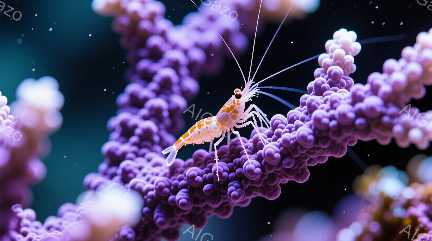 白とオレンジ色のエビが、紫色の球状の構造に絡みついている様子が捉えられています。背景は暗く、小さな光点が散りばめられており、まるで深海のような雰囲気を醸し出しています。紫色の構造物は海中生物のサンゴのようなテクスチャを持ち、エビとのコントラストが印象的です。