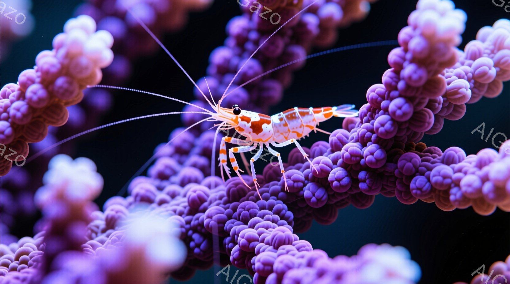 鮮やかな紫色の球体状の植物に、オレンジと白の縞模様を持つエビが絡みついている様子が描かれています。エビは触覚を伸ばし、植物の間を移動しようとしているように見えます。背景は暗く、植物のコントラストが際立 - AI生成フリー素材