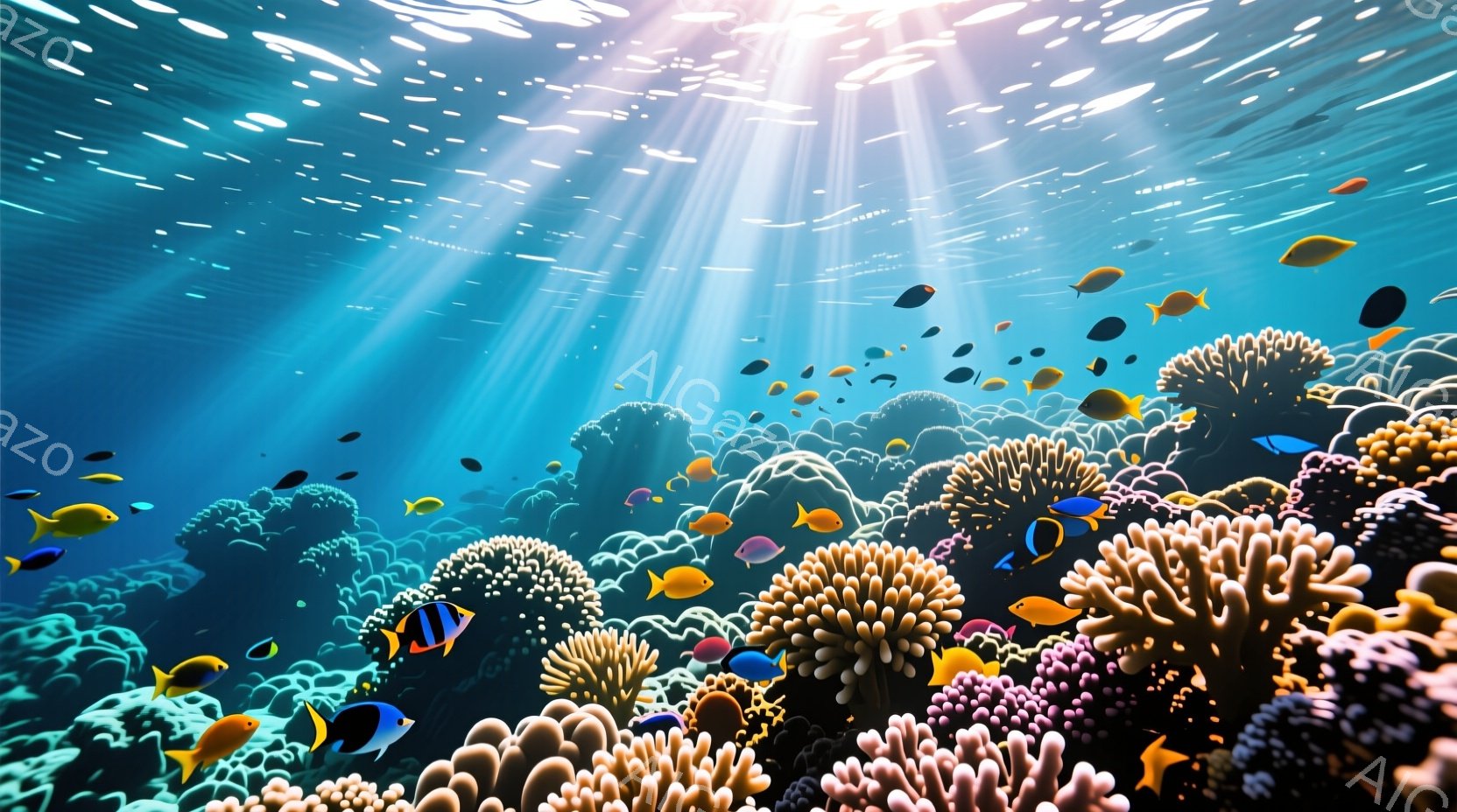 鮮やかな珊瑚礁が広がり、多様な色と形の魚たちが群れをなして泳いでいる。太陽光が水面から差し込み、水中に光の柱を作り出し、幻想的な雰囲気を醸し出している。珊瑚の質感や魚の色彩が鮮明で、まるで海中を覗き込 - AI生成フリー素材