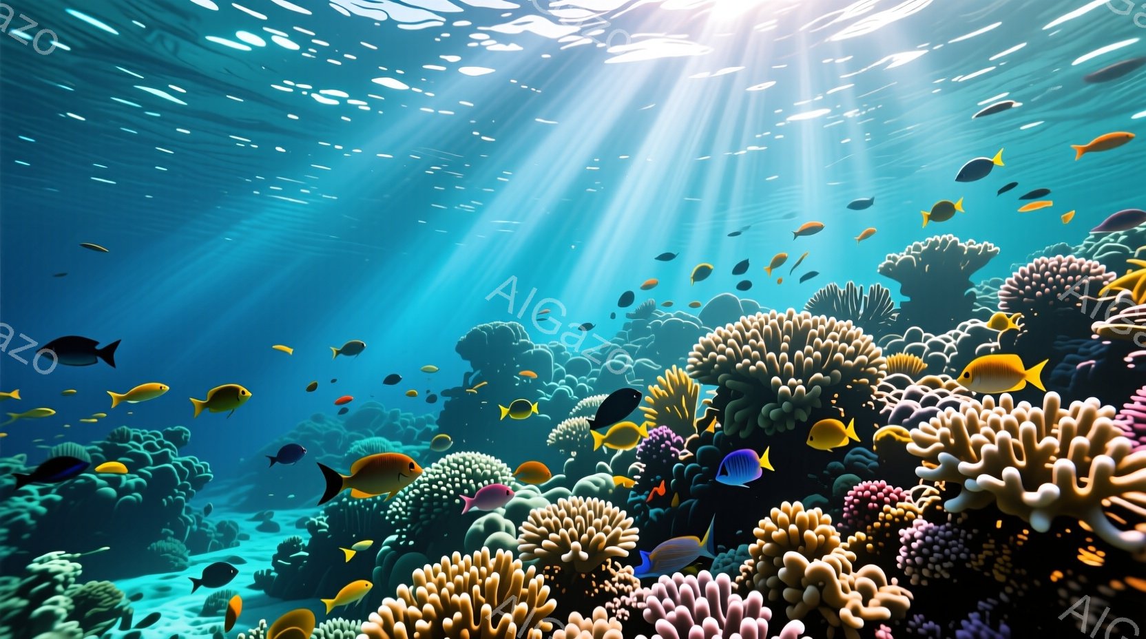 鮮やかな珊瑚礁が広がり、様々な熱帯魚が群れをなして泳いでいる様子が描かれている。太陽光が水面から差し込み、水中の幻想的な雰囲気を強調し、珊瑚や魚を照らし出している。全体的に生命力にあふれ、穏やかで美し - AI生成フリー素材