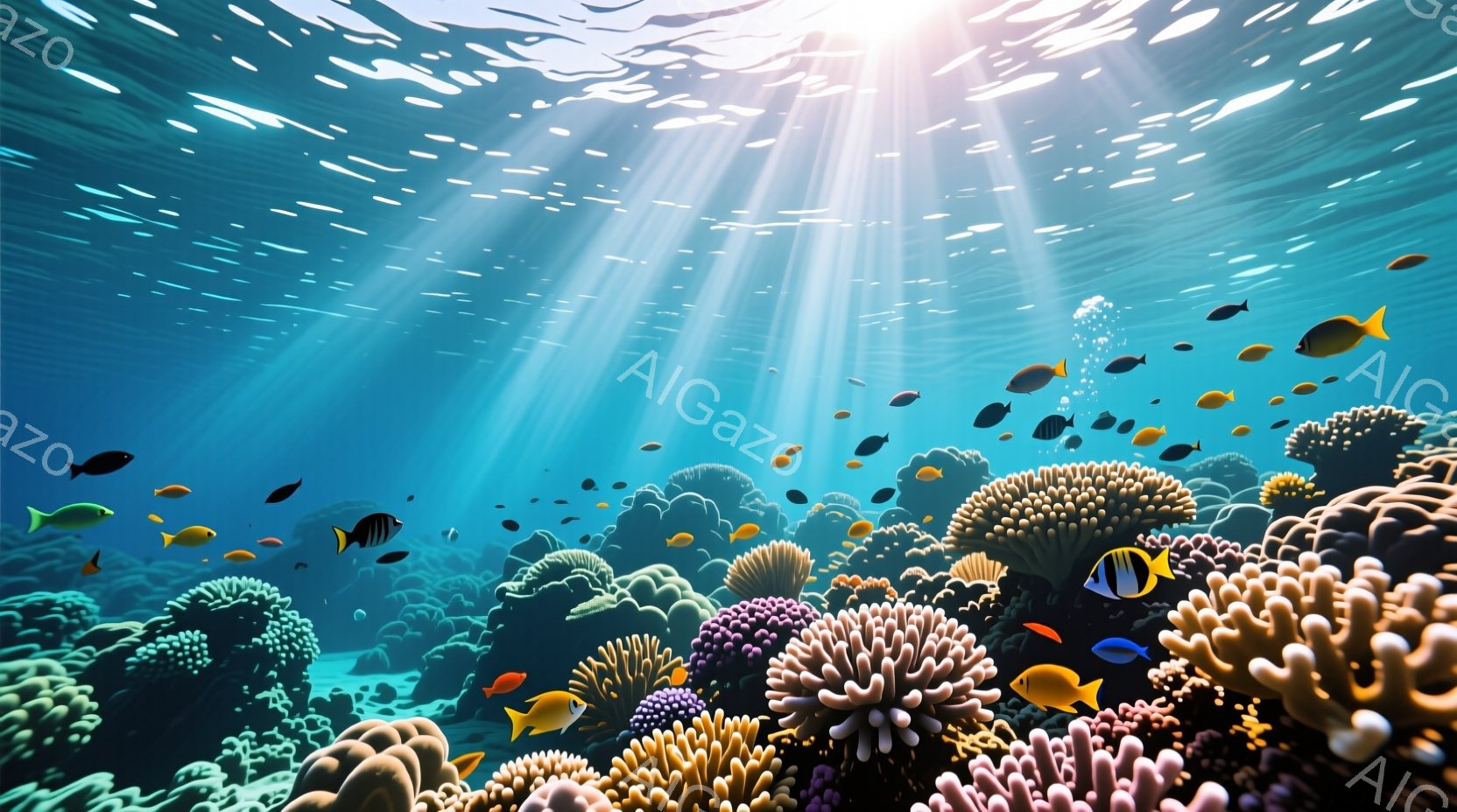 鮮やかな珊瑚礁が広がり、多様な熱帯魚が群れをなして泳いでいる様子が描かれている。太陽光線が水面から差し込み、水中の世界を明るく照らし出し、幻想的な雰囲気を醸し出している。珊瑚の複雑な形や魚たちの色彩が - AI生成フリー素材