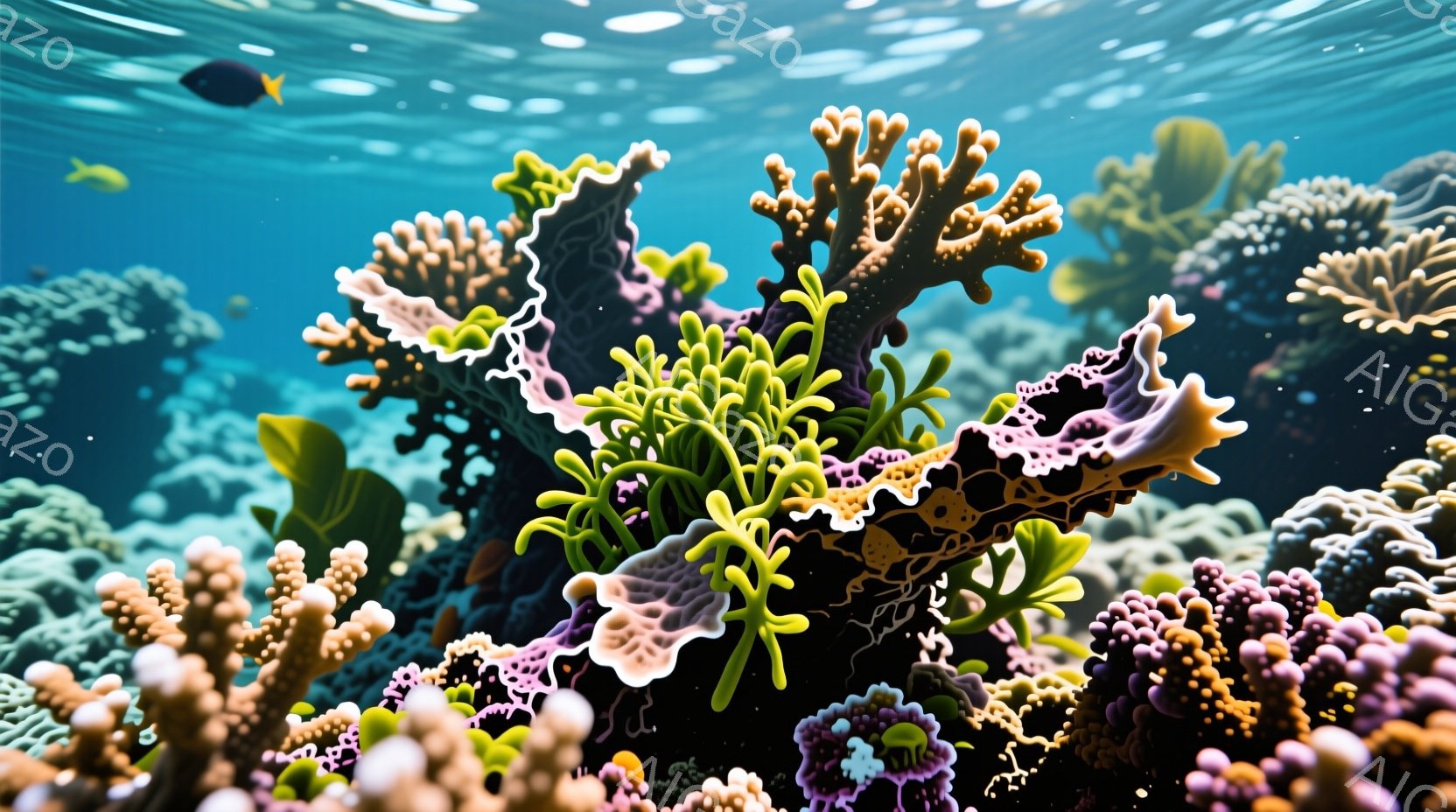 鮮やかな珊瑚礁が広がり、緑、紫、オレンジ、ピンクなどの様々な色彩が目に飛び込んできます。珊瑚は多様な形をしており、まるで海中の庭園のようです。小さな魚が珊瑚礁の間を泳ぎ、その美しい色彩が水中で輝いてい - AI生成フリー素材