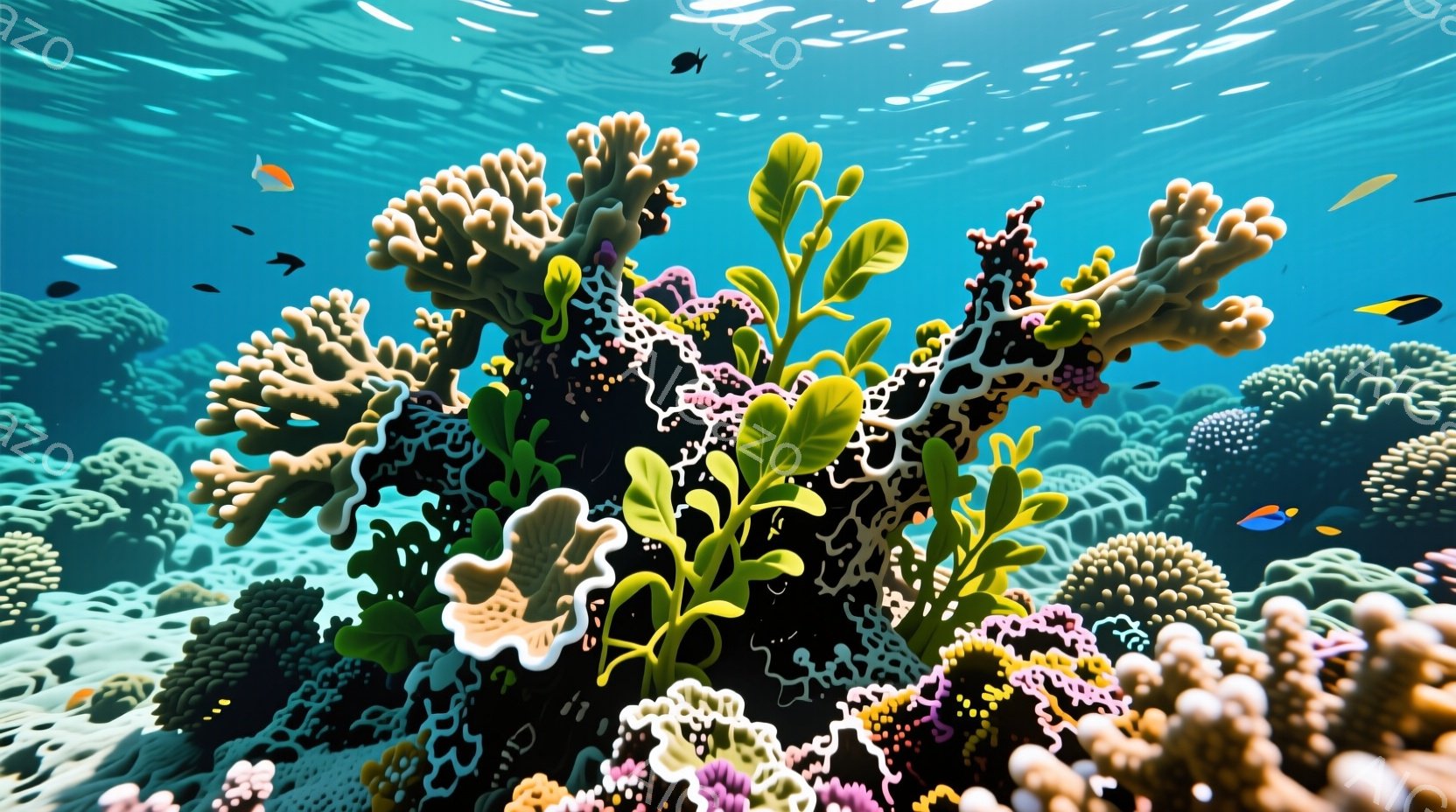 鮮やかな珊瑚礁が広がり、多様な色彩と形が目に飛び込んできます。ピンク、白、緑色の珊瑚が複雑に絡み合い、まるで水中庭園のような景観を作り出しています。小さな魚たちが珊瑚の間を泳ぎ回り、生命力に満ちた静かで美しい世界を表現しています。