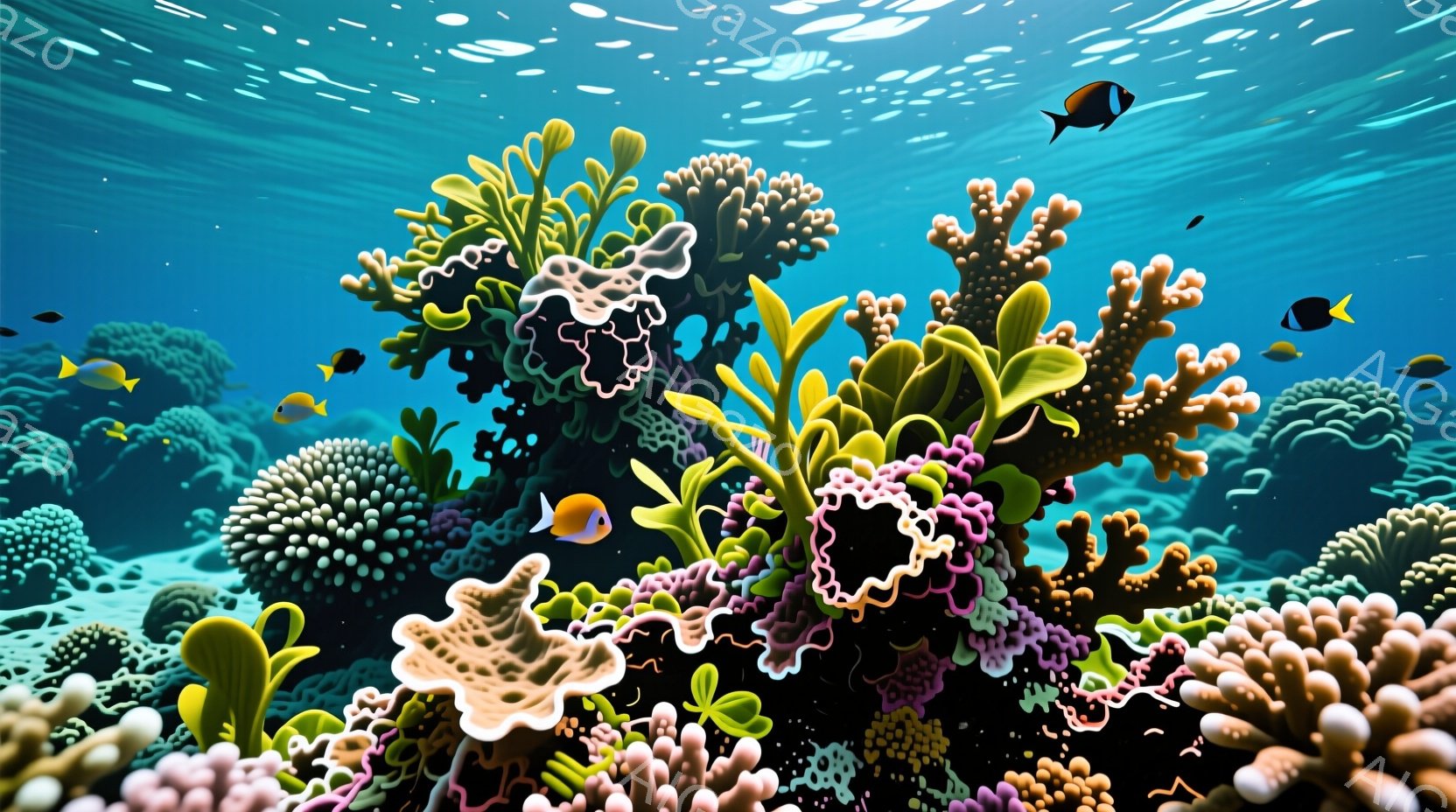 鮮やかな珊瑚礁が広がり、多様な色彩と形を見せている。小さな熱帯魚が珊瑚の間を泳ぎ回り、水中に光の粒が漂うことで、幻想的な雰囲気を醸し出している。全体的に穏やかで生命力に満ちた、海の神秘を感じさせる光景だ。