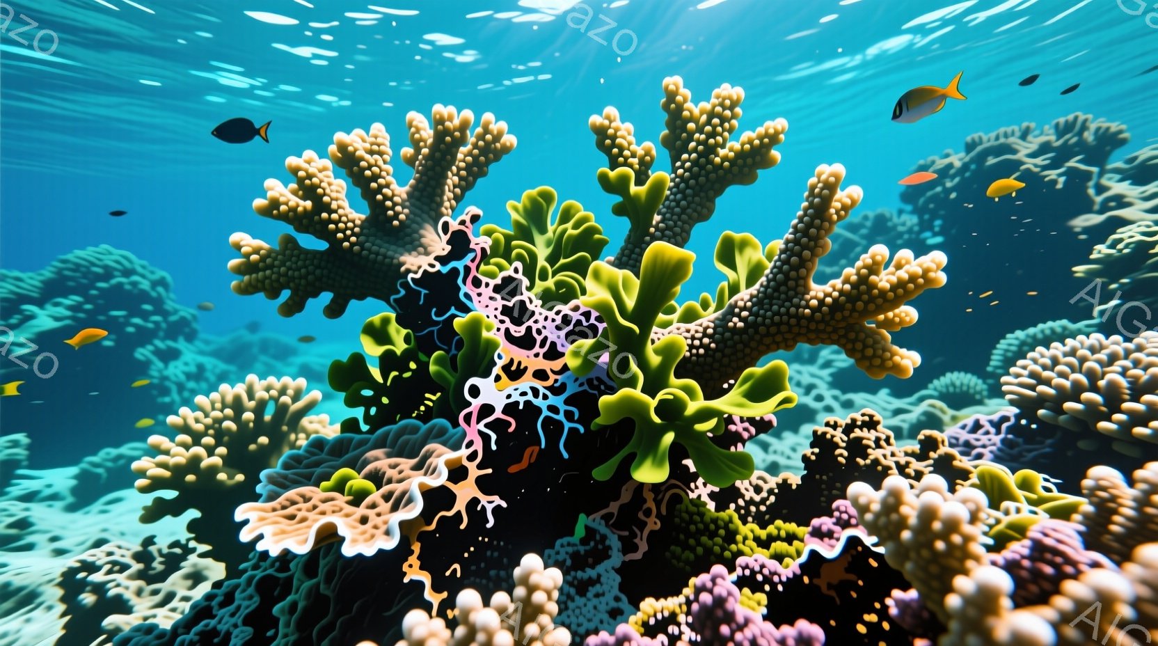 鮮やかな珊瑚礁が広がり、多様な色彩と形を見せている。緑、ピンク、オレンジ、白など、様々な色の珊瑚が密集し、まるで水中庭園のようだ。数匹の小さな魚が珊瑚の間を泳ぎ、この神秘的な水中世界に生命の息吹を与えている。