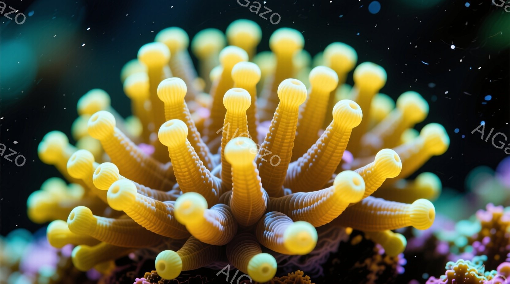 鮮やかな黄色のイシモチのような生物が密集して写っている。それぞれの先端は丸みを帯びており、全体として波打つような、海中生物特有の柔らかい印象を与える。背景には、ぼやけたピンクと紫のサンゴ礁が見え、深海にいるような雰囲気を醸し出している。