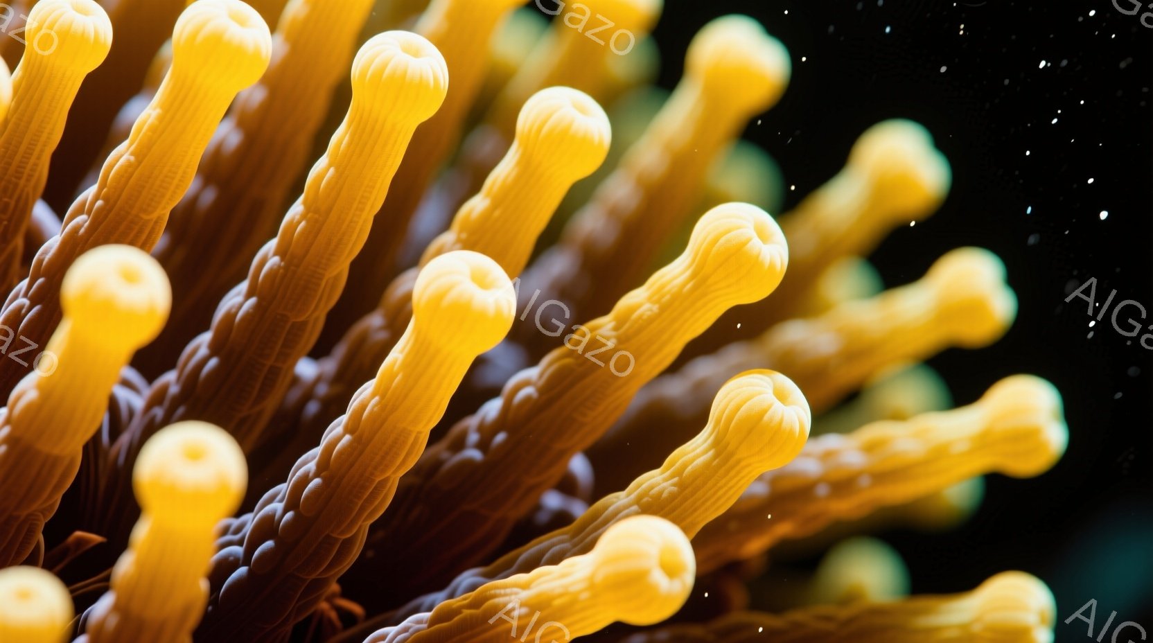 鮮やかなオレンジ色の触手が密集し、暗い背景から浮かび上がっています。触手は滑らかで丸みを帯びた先端を持ち、まるで生物の組織や深海生物の器官を彷彿とさせます。全体的に神秘的で、生命の息吹を感じさせるテクスチャが印象的です。