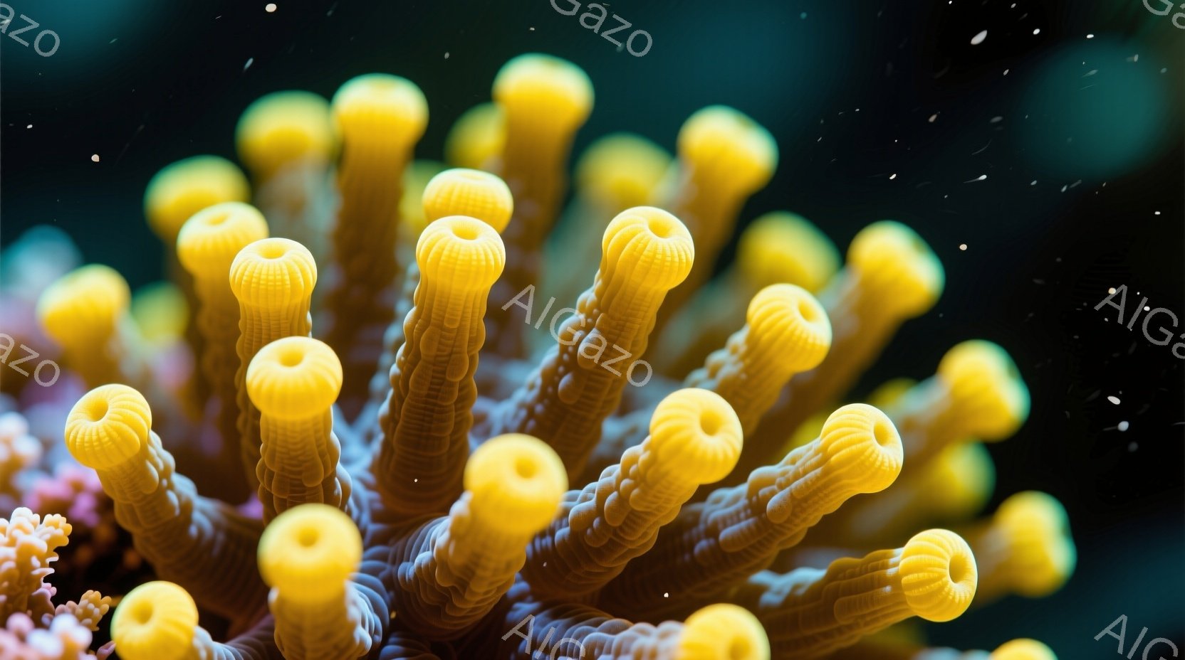 鮮やかな黄色の管状の触手が密集しており、まるで海中の植物のようである。背景は暗い青色で、まるで深海を思わせ、触手の一部には微かなピンク色のラインが見える。全体的に神秘的で生命力溢れる雰囲気が漂っている - AI生成フリー素材