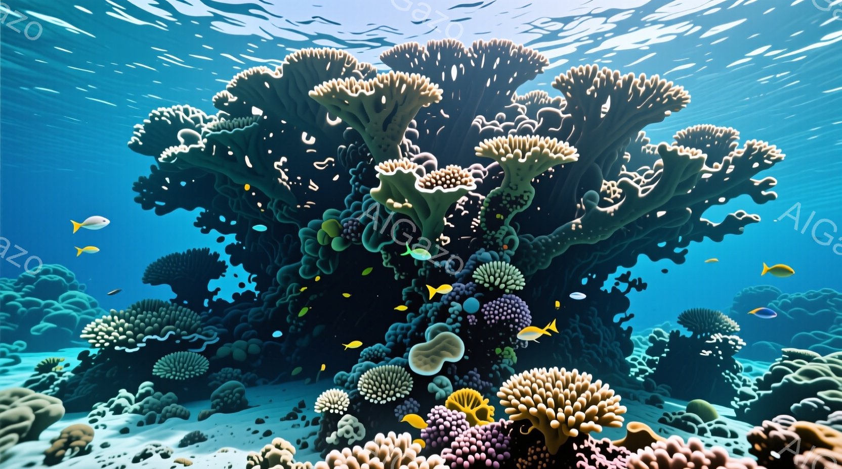鮮やかな珊瑚礁の水中シーンを描いています。多様な形状と色の珊瑚が密集し、小魚たちが珊瑚の間を自由に泳いでいます。太陽光が水面を通して差し込み、神秘的で生命力溢れる雰囲気を醸し出しています。