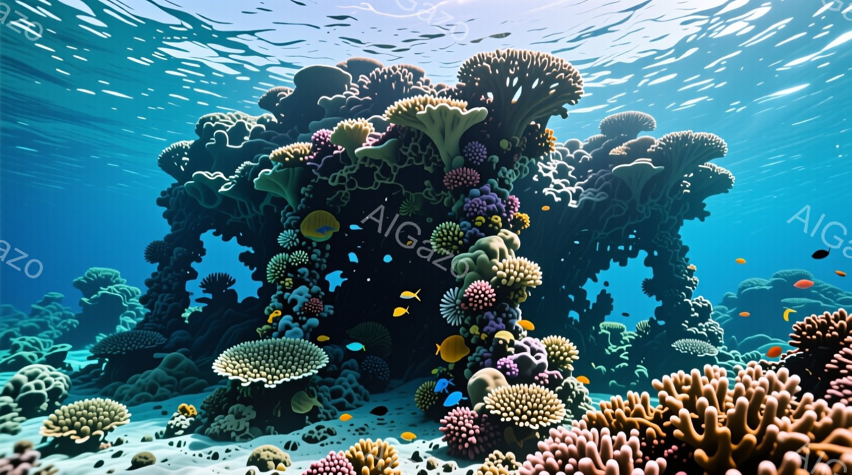 鮮やかな珊瑚礁が広がり、様々な種類の珊瑚が密集して生息している様子が描かれている。黄色、青、オレンジ色の熱帯魚が珊瑚の間を泳ぎ回り、海底には小さな貝殻や砂が散らばっている。光が水面から差し込み、水中の - AI生成フリー素材