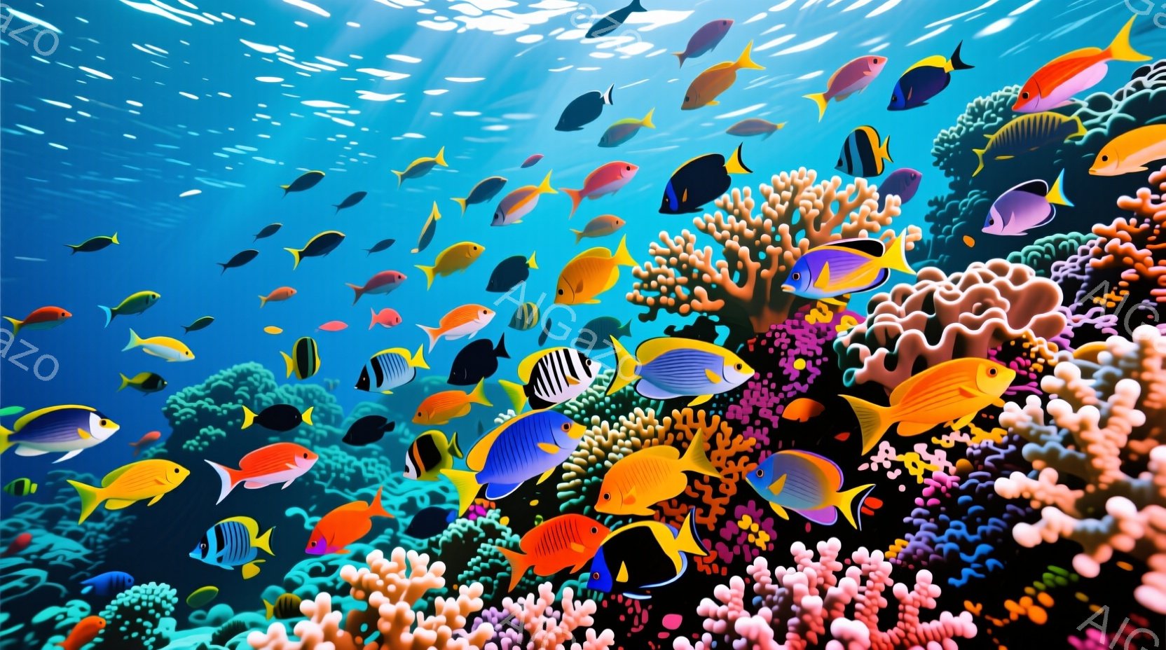 色鮮やかな熱帯魚たちが、珊瑚礁の間を活発に泳いでいる様子が描かれています。珊瑚はピンク、オレンジ、紫など様々な色合いで、まるで水中庭園のようです。光が差し込み、水中にきらめきを生み出し、暖かく生命力に満ちた雰囲気を作り出しています。