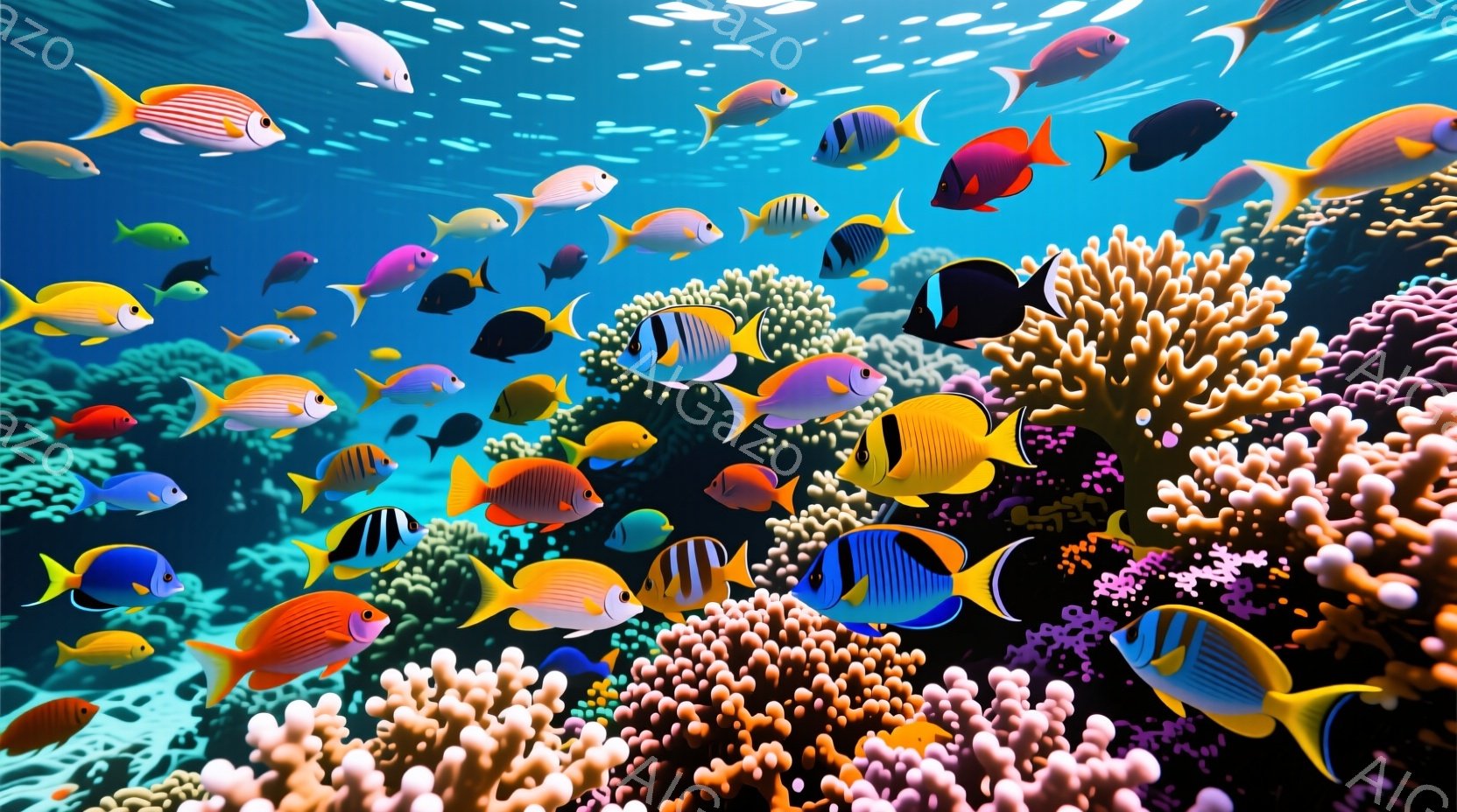 鮮やかな熱帯魚が、珊瑚礁の密集した群れの中で活発に泳いでいる様子が描かれています。魚たちは黄色、青、ピンク、白など様々な色をしており、多様な種類が混ざり合っています。背景は水中で、珊瑚礁が広がり、光が - AI生成フリー素材